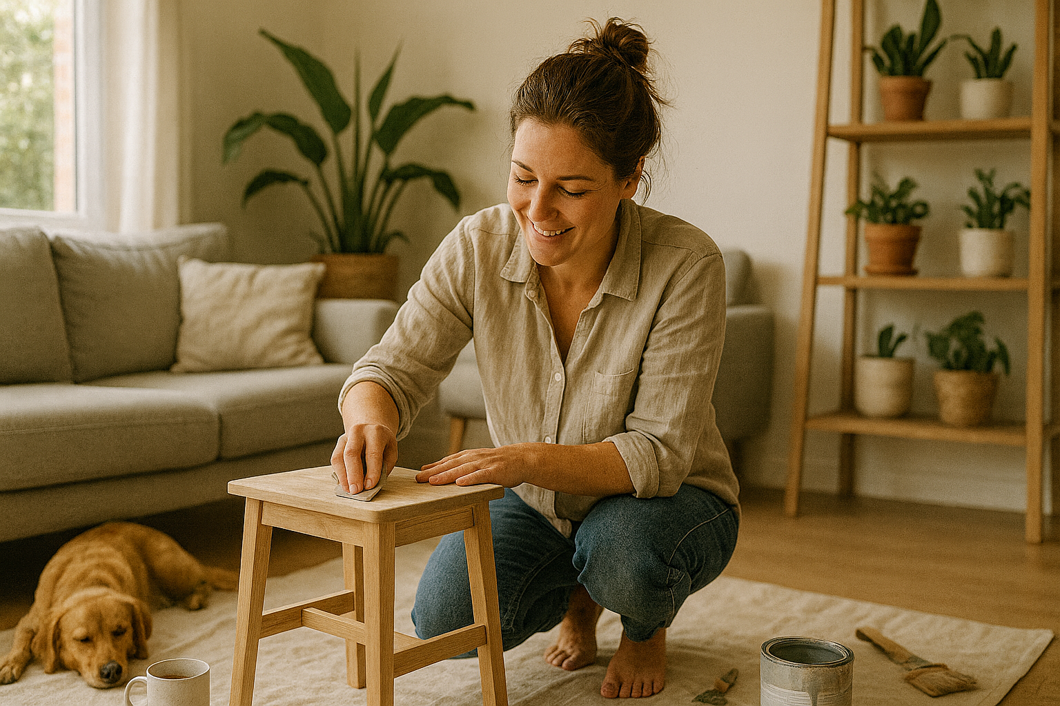 Mia sanding a timber stool in her bright living room with plants and tools around