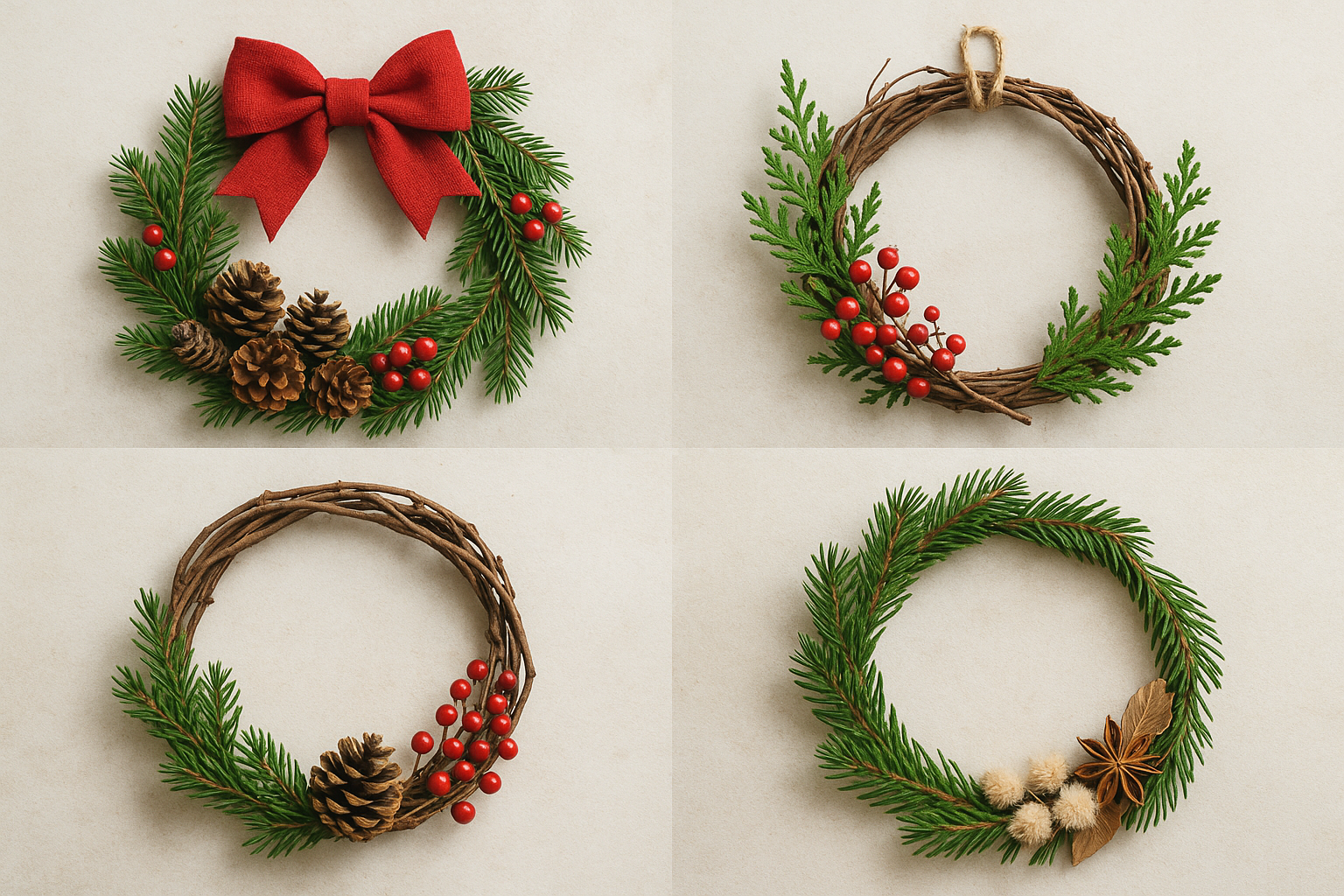 DIY eucalyptus and pine wreath hanging on a white wall with ribbon