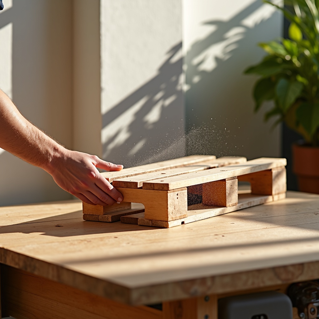 Step-by-step process of sanding a wooden pallet for furniture assembly.