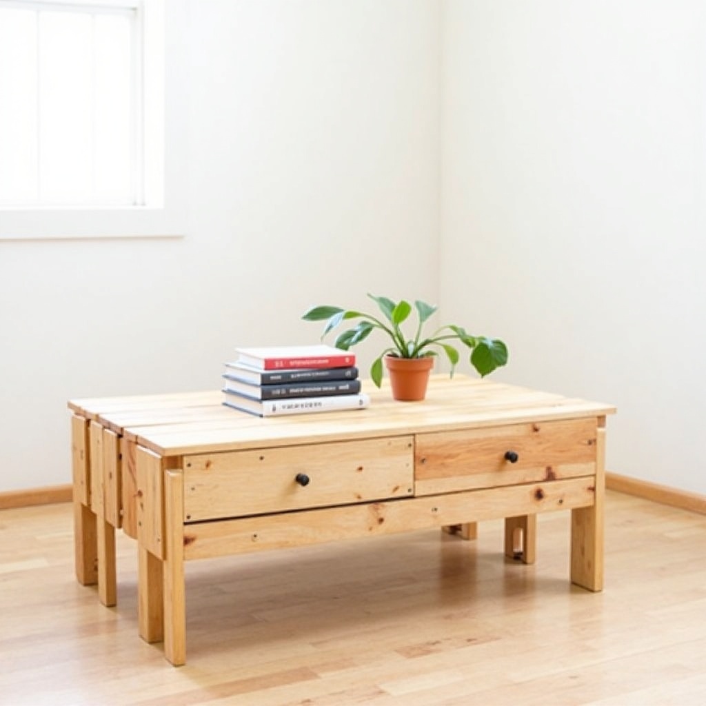 Close-up of a DIY pallet coffee table setup with decorative items in a cozy living room.