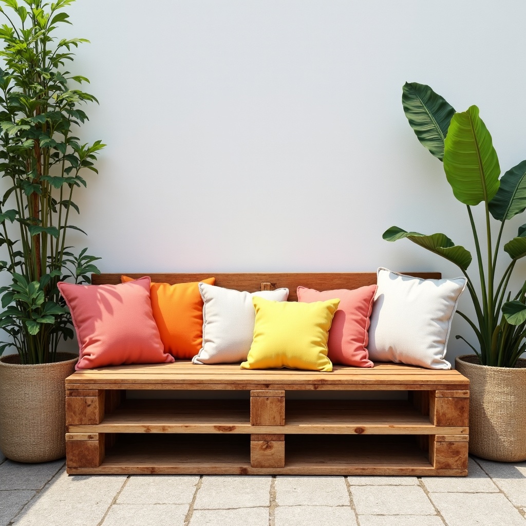 DIY pallet furniture project with a rustic bench and vibrant cushions in a sunny garden.